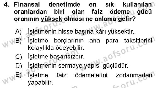 Finansal Yönetim Dersi 2023 - 2024 Yılı (Final) Dönem Sonu Sınav Soruları 4. Soru