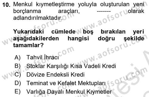 Finansal Yönetim Dersi 2023 - 2024 Yılı Yaz Okulu Sınav Soruları 10. Soru