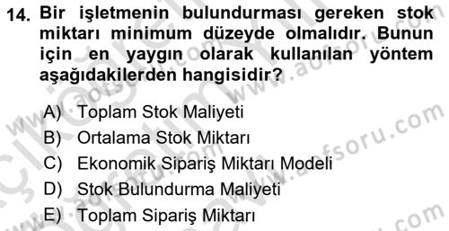 Finansal Yönetim Dersi 2023 - 2024 Yılı Yaz Okulu Sınav Soruları 14. Soru