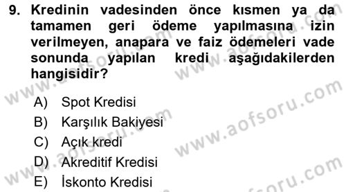 Finansal Yönetim Dersi 2023 - 2024 Yılı Yaz Okulu Sınav Soruları 9. Soru