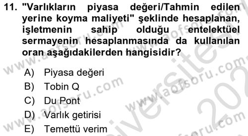 Finansal Yönetim Dersi 2024 - 2025 Yılı (Vize) Ara Sınav Soruları 11. Soru