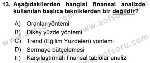Finansal Yönetim Dersi Ara Sınavı Deneme Sınav Soruları 13. Soru