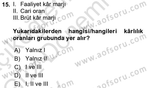 Finansal Yönetim Dersi Ara Sınavı Deneme Sınav Soruları 15. Soru