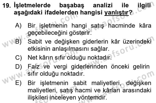 Finansal Yönetim Dersi 2024 - 2025 Yılı (Vize) Ara Sınav Soruları 19. Soru