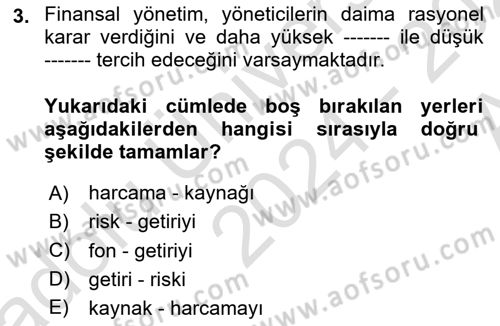 Finansal Yönetim Dersi Ara Sınavı Deneme Sınav Soruları 3. Soru