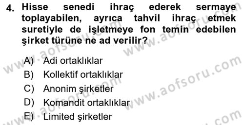 Finansal Yönetim Dersi Ara Sınavı Deneme Sınav Soruları 4. Soru
