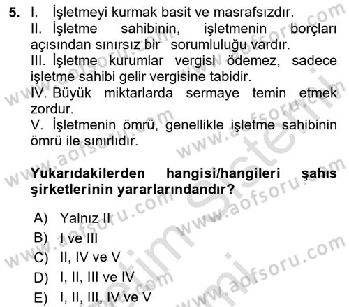 Finansal Yönetim Dersi 2024 - 2025 Yılı (Vize) Ara Sınav Soruları 5. Soru