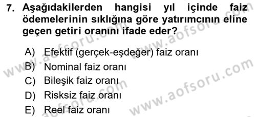 Finansal Yönetim Dersi Ara Sınavı Deneme Sınav Soruları 7. Soru