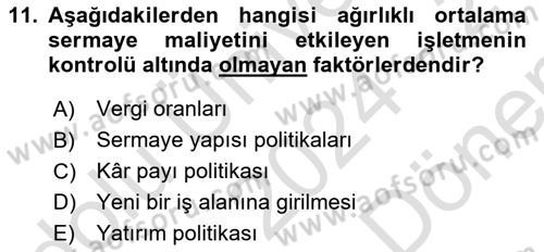 Finansal Yönetim Dersi 2024 - 2025 Yılı (Final) Dönem Sonu Sınav Soruları 11. Soru
