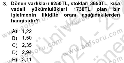 Finansal Yönetim Dersi 2024 - 2025 Yılı (Final) Dönem Sonu Sınav Soruları 3. Soru