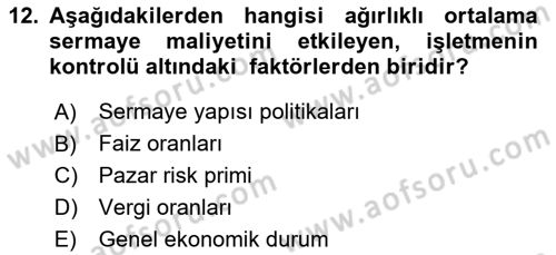 Finansal Yönetim Dersi 2024 - 2025 Yılı Yaz Okulu Sınav Soruları 12. Soru