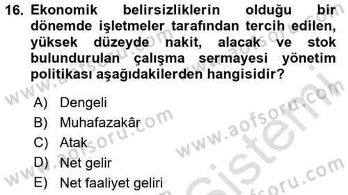 Finansal Yönetim Dersi 2024 - 2025 Yılı Yaz Okulu Sınav Soruları 16. Soru
