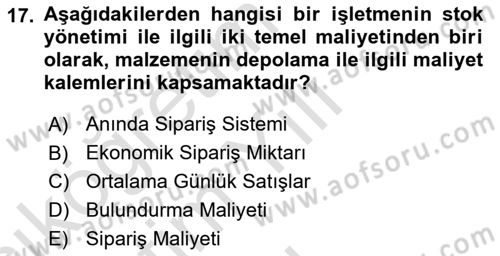 Finansal Yönetim Dersi 2024 - 2025 Yılı Yaz Okulu Sınav Soruları 17. Soru