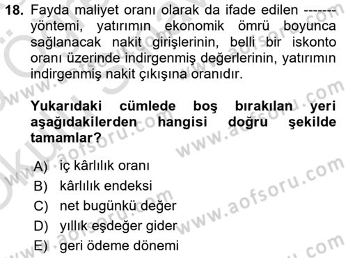 Finansal Yönetim Dersi 2024 - 2025 Yılı Yaz Okulu Sınav Soruları 18. Soru