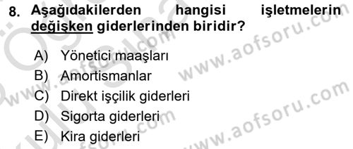 Finansal Yönetim Dersi 2024 - 2025 Yılı Yaz Okulu Sınav Soruları 8. Soru