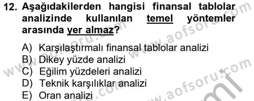 Finansal Tablolar Analizi Dersi 2012 - 2013 Yılı (Vize) Ara Sınav Soruları 12. Soru