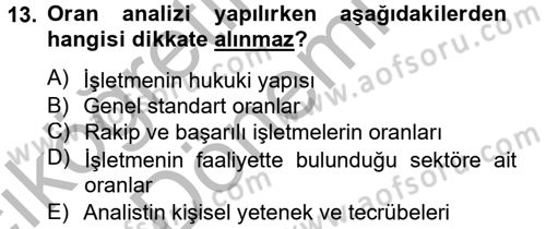 Finansal Tablolar Analizi Dersi 2012 - 2013 Yılı (Vize) Ara Sınav Soruları 13. Soru