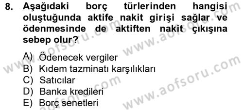 Finansal Tablolar Analizi Dersi 2012 - 2013 Yılı (Vize) Ara Sınav Soruları 8. Soru