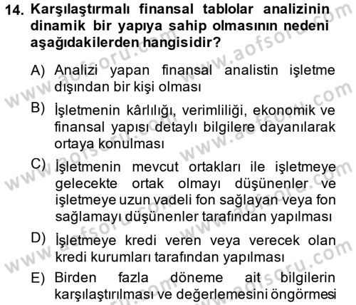 Finansal Tablolar Analizi Dersi 2013 - 2014 Yılı (Vize) Ara Sınav Soruları 14. Soru