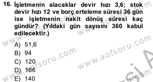 Finansal Tablolar Analizi Dersi 2013 - 2014 Yılı (Vize) Ara Sınav Soruları 16. Soru