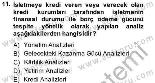 Finansal Tablolar Analizi Dersi 2014 - 2015 Yılı (Vize) Ara Sınav Soruları 11. Soru