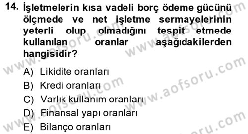 Finansal Tablolar Analizi Dersi 2014 - 2015 Yılı (Vize) Ara Sınav Soruları 14. Soru