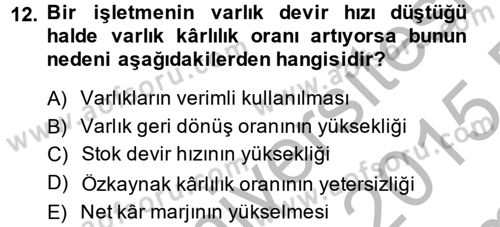 Finansal Tablolar Analizi Dersi 2014 - 2015 Yılı (Final) Dönem Sonu Sınav Soruları 12. Soru