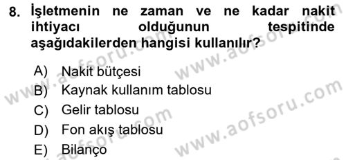Finansal Tablolar Analizi Dersi 2015 - 2016 Yılı (Vize) Ara Sınav Soruları 8. Soru