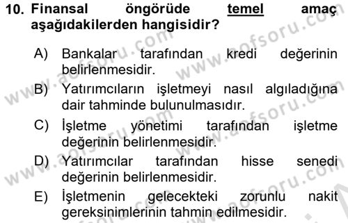 Finansal Tablolar Analizi Dersi 2015 - 2016 Yılı (Final) Dönem Sonu Sınav Soruları 10. Soru