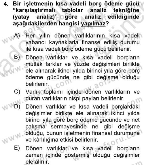 Finansal Tablolar Analizi Dersi 2015 - 2016 Yılı (Final) Dönem Sonu Sınav Soruları 4. Soru