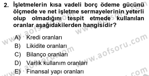 Finansal Tablolar Analizi Dersi 2016 - 2017 Yılı 3 Ders Sınavı 2. Soru