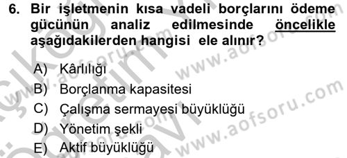 Finansal Tablolar Analizi Dersi 2016 - 2017 Yılı 3 Ders Sınav Soruları 6. Soru