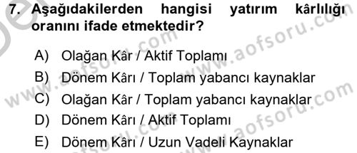 Finansal Tablolar Analizi Dersi 2016 - 2017 Yılı 3 Ders Sınav Soruları 7. Soru