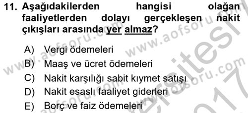 Finansal Tablolar Analizi Dersi 2016 - 2017 Yılı (Vize) Ara Sınav Soruları 11. Soru