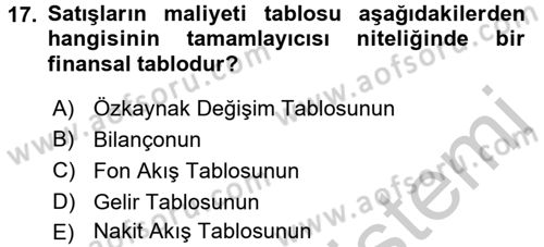 Finansal Tablolar Analizi Dersi 2016 - 2017 Yılı (Vize) Ara Sınav Soruları 17. Soru