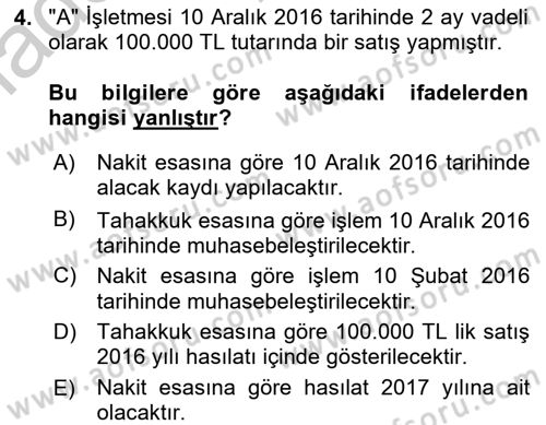 Finansal Tablolar Analizi Dersi 2016 - 2017 Yılı (Vize) Ara Sınav Soruları 4. Soru