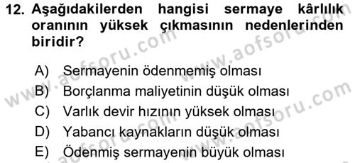 Finansal Tablolar Analizi Dersi 2016 - 2017 Yılı (Final) Dönem Sonu Sınav Soruları 12. Soru