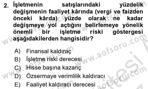 Finansal Tablolar Analizi Dersi 2016 - 2017 Yılı (Final) Dönem Sonu Sınav Soruları 2. Soru