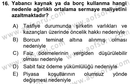 Finansal Tablolar Analizi Dersi 2017 - 2018 Yılı 3 Ders Sınav Soruları 16. Soru