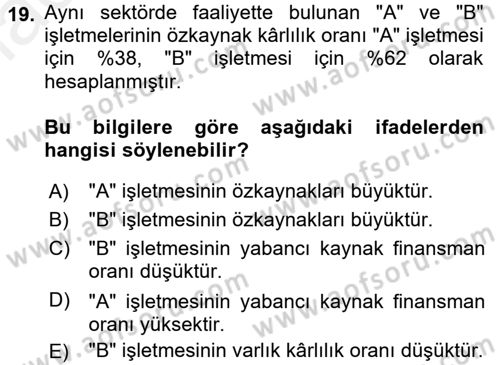 Finansal Tablolar Analizi Dersi 2017 - 2018 Yılı 3 Ders Sınav Soruları 19. Soru