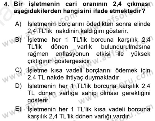Finansal Tablolar Analizi Dersi 2017 - 2018 Yılı 3 Ders Sınav Soruları 4. Soru