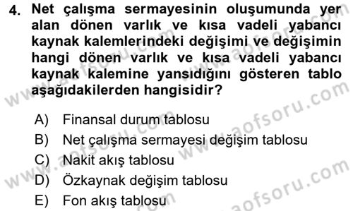 Finansal Tablolar Analizi Dersi 2017 - 2018 Yılı (Vize) Ara Sınav Soruları 4. Soru