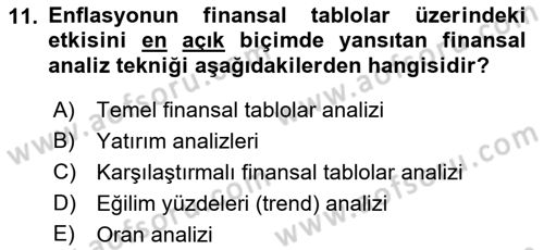 Finansal Tablolar Analizi Dersi 2018 - 2019 Yılı 3 Ders Sınav Soruları 11. Soru