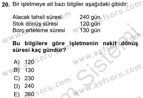 Finansal Tablolar Analizi Dersi 2018 - 2019 Yılı 3 Ders Sınavı 20. Soru