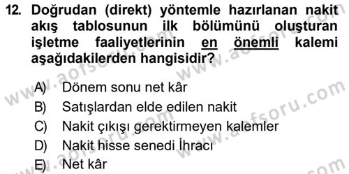 Finansal Tablolar Analizi Dersi 2018 - 2019 Yılı (Vize) Ara Sınavı 12. Soru