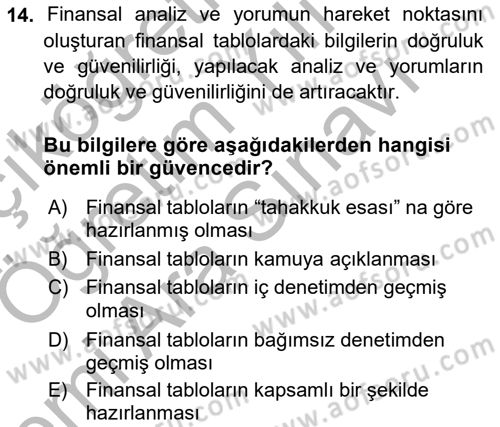 Finansal Tablolar Analizi Dersi 2018 - 2019 Yılı (Vize) Ara Sınav Soruları 14. Soru