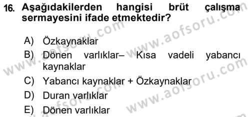 Finansal Tablolar Analizi Dersi 2018 - 2019 Yılı (Vize) Ara Sınav Soruları 16. Soru
