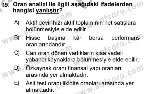 Finansal Tablolar Analizi Dersi 2018 - 2019 Yılı (Vize) Ara Sınav Soruları 19. Soru