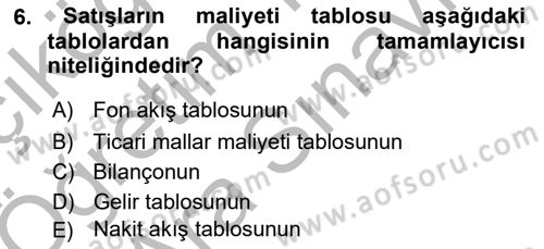 Finansal Tablolar Analizi Dersi 2018 - 2019 Yılı (Vize) Ara Sınav Soruları 6. Soru