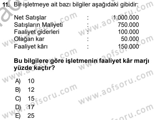 Finansal Tablolar Analizi Dersi 2018 - 2019 Yılı (Final) Dönem Sonu Sınav Soruları 11. Soru
